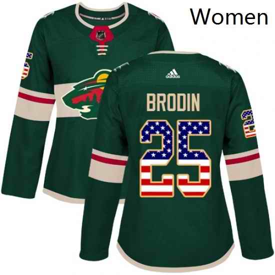 Womens Adidas Minnesota Wild 25 Jonas Brodin Authentic Green USA Flag Fashion NHL Jersey